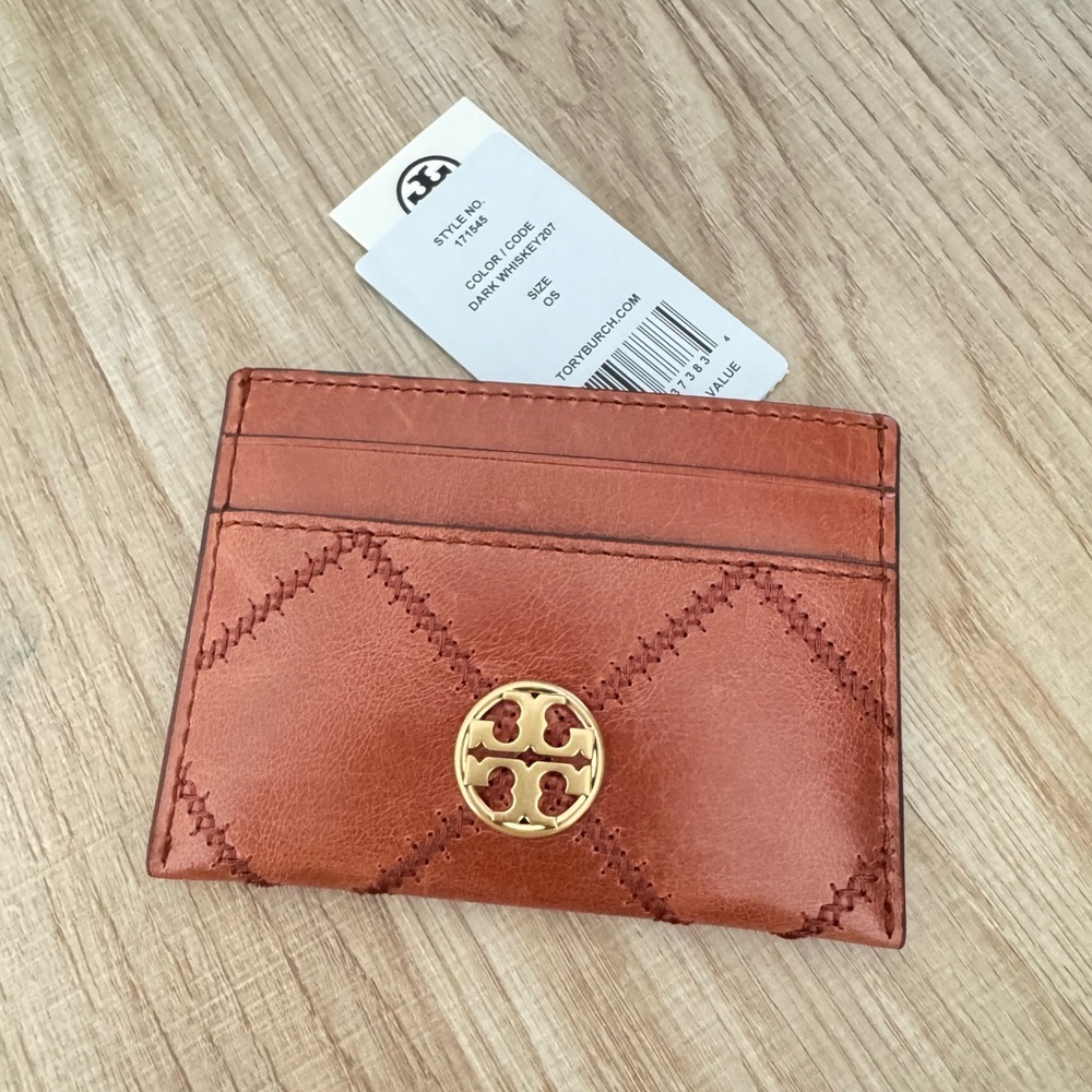 Tory Burch Brown Leather Card Holder with Gold Logo